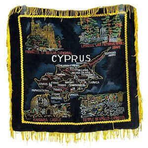 Cyprus Tapestry Pillow Cover 17" Velvet Fringe Black Travel Souvenir Wall Decor
